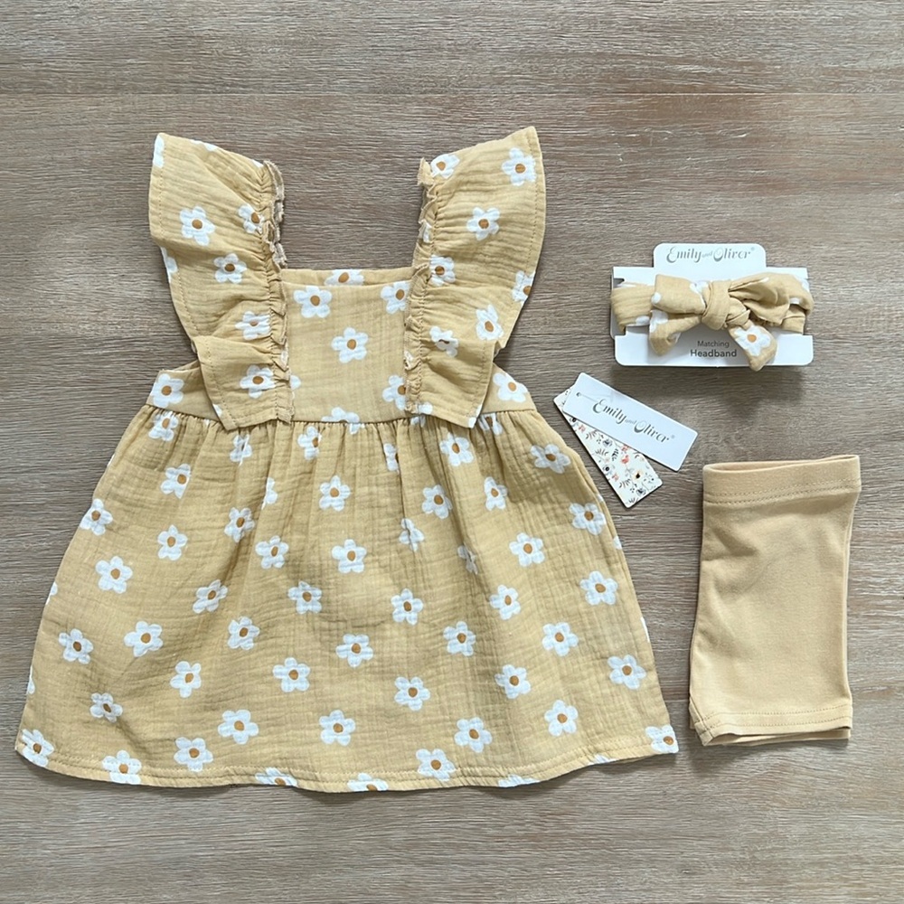 Emily and Oliver Muslin Floral Ruffle Dress Shorts Headband 24 months